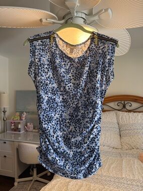 Michael Kors Blue Floral Zip Shoulder Top Size Small